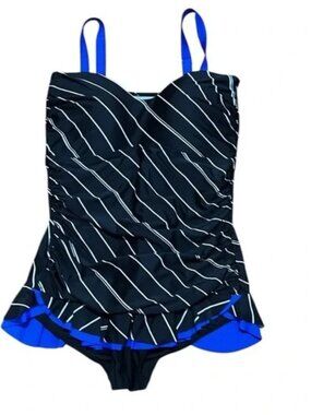 NWT MAZU Swim Striped Black and Blue Swimsuit with skirt US 24W